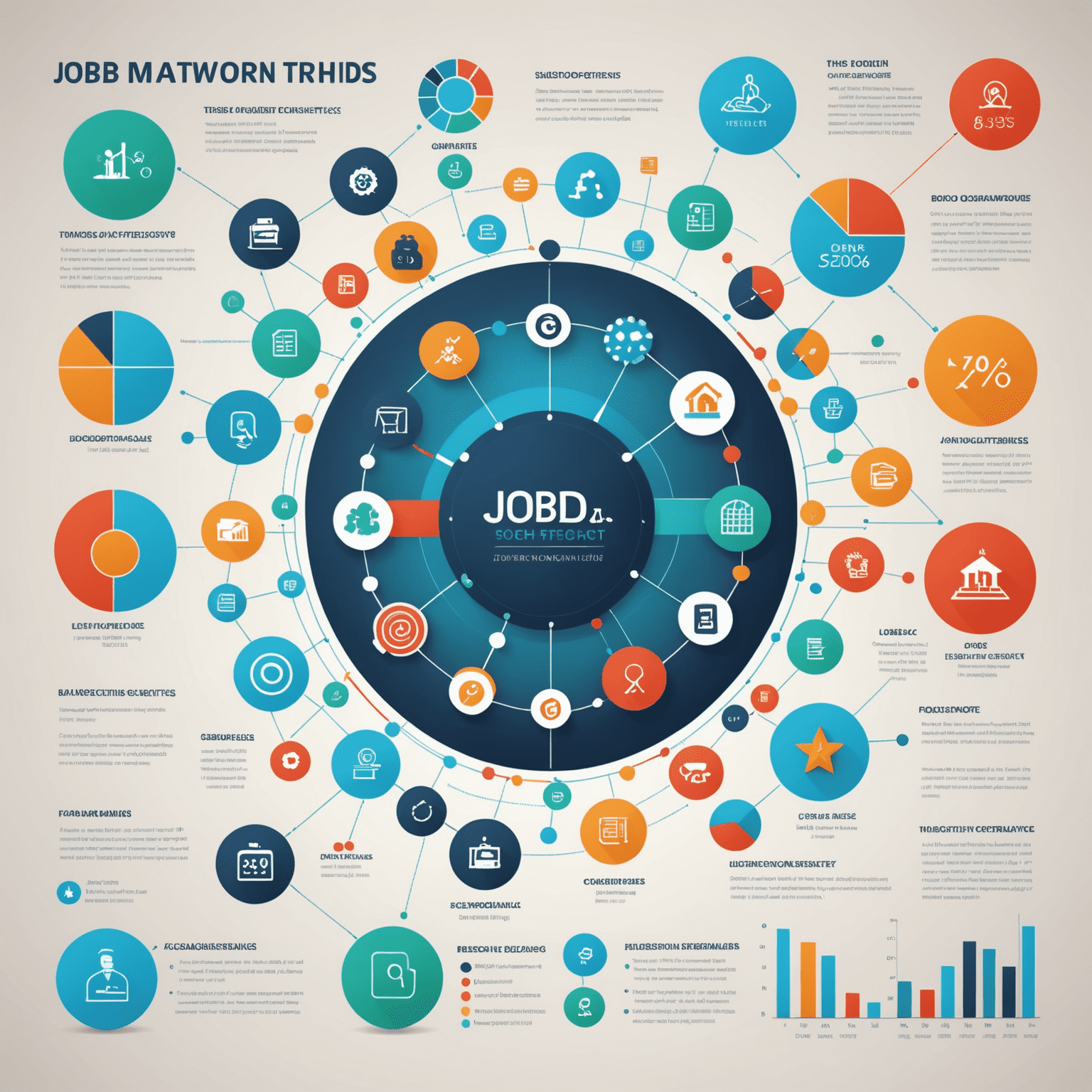 A dynamic infographic showing various job market trends, including rising industries like tech and healthcare, remote work symbols, and skill icons such as data analysis and artificial intelligence