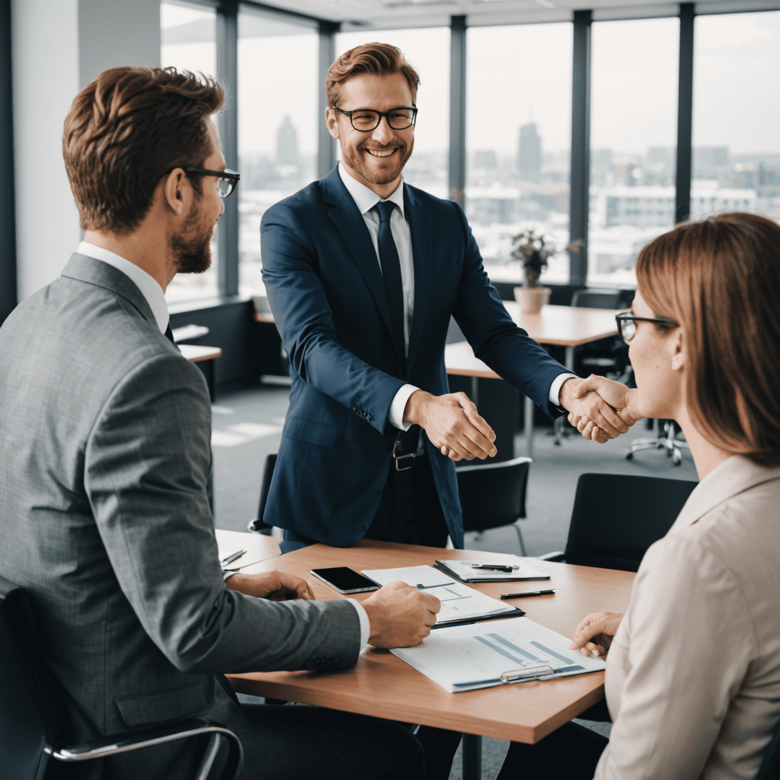 A professional dressed person confidently shaking hands with an interviewer in a modern office setting, symbolizing a successful job interview