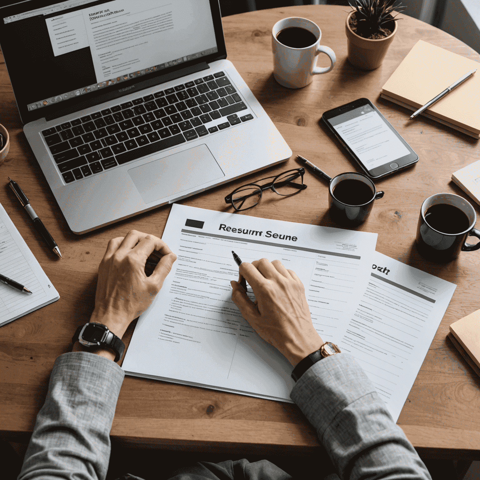 Professional resume writing process: A desk with a computer, notepad, and various resumes spread out. A person's hands are visible, typing on the keyboard, symbolizing the crafting of a perfect resume.