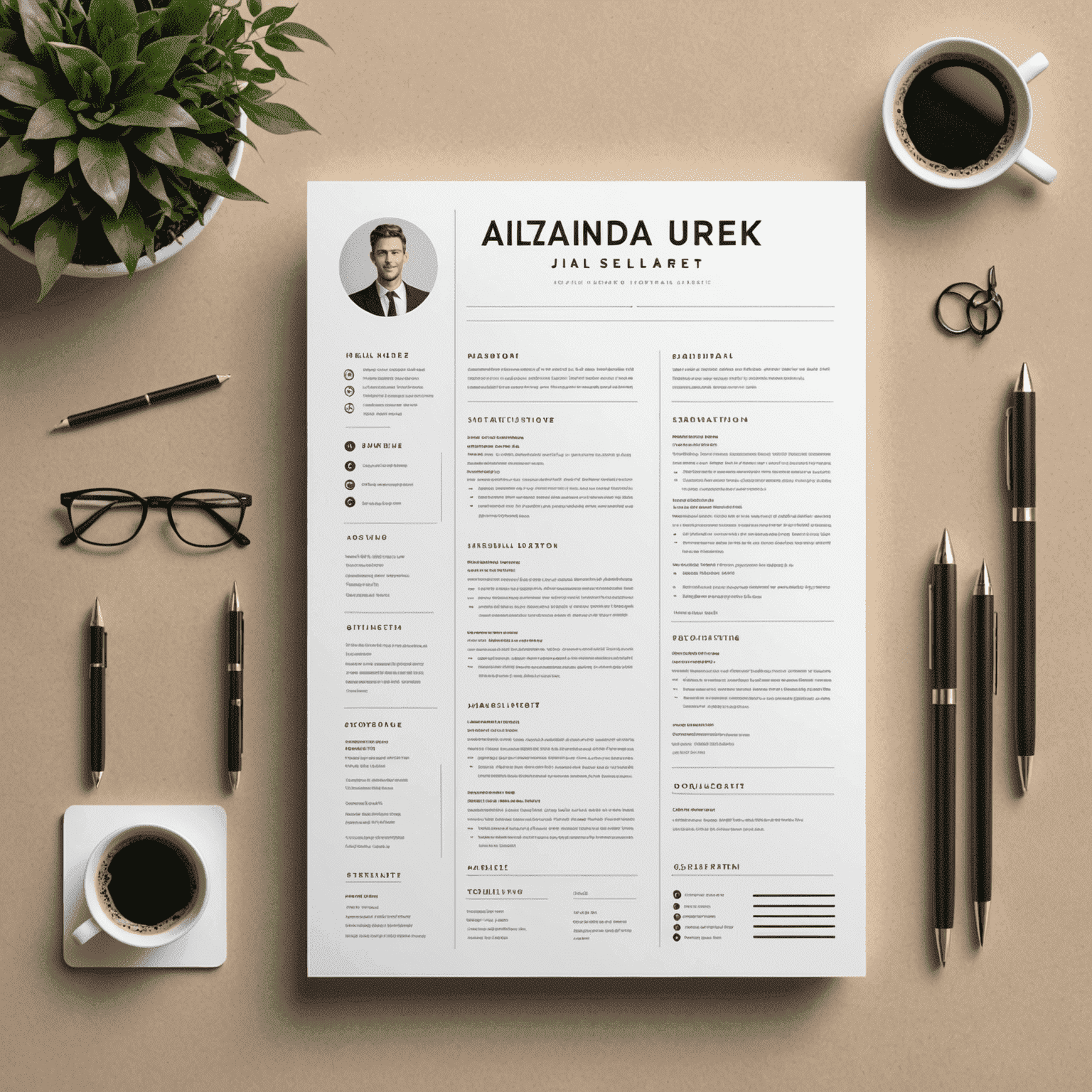 A professional resume template with sections for skills, experience, and education, alongside a pen and notebook