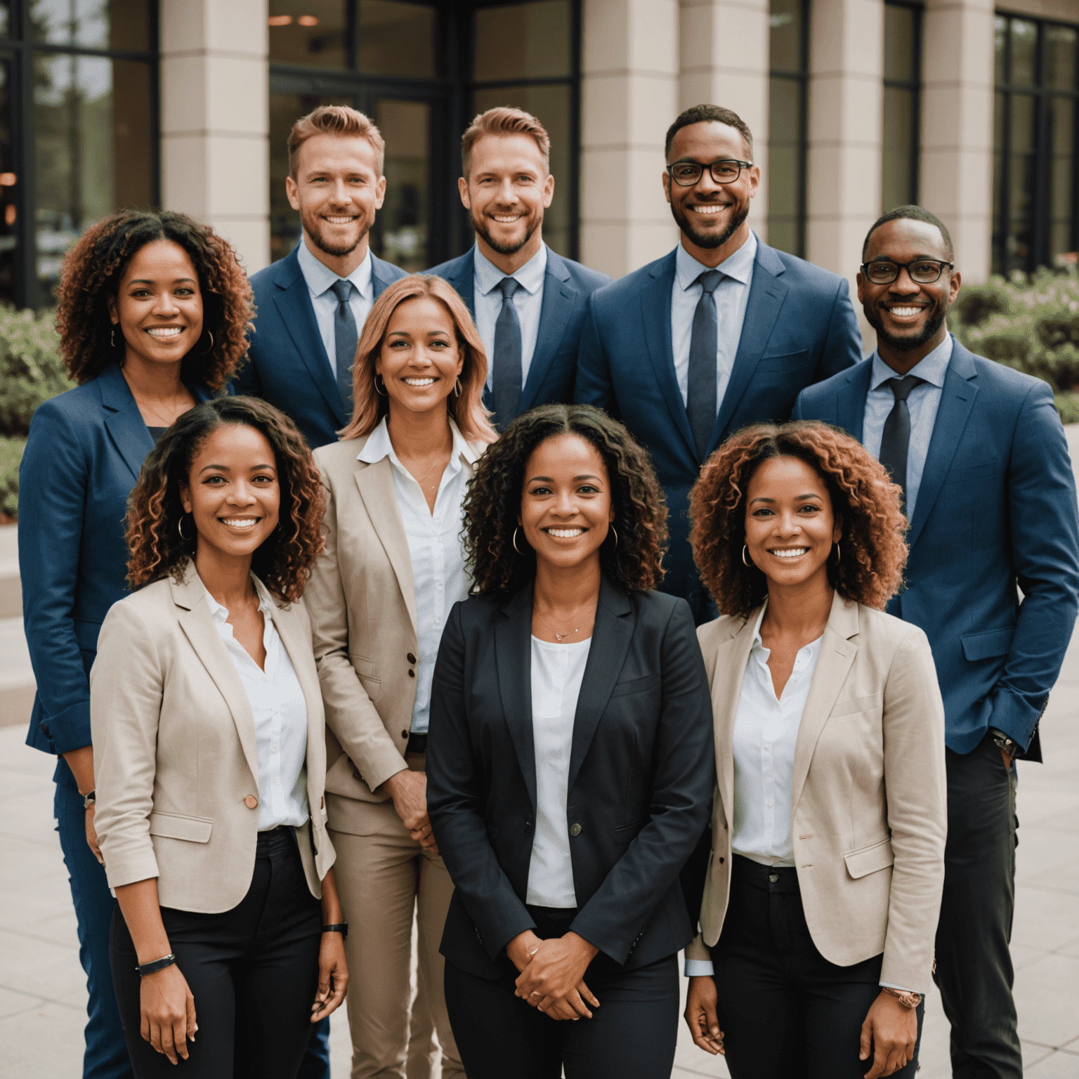 A group of diverse professionals from Alliant Recruitment Architects standing together, smiling and ready to offer career counseling services. The image conveys expertise, friendliness, and diversity.