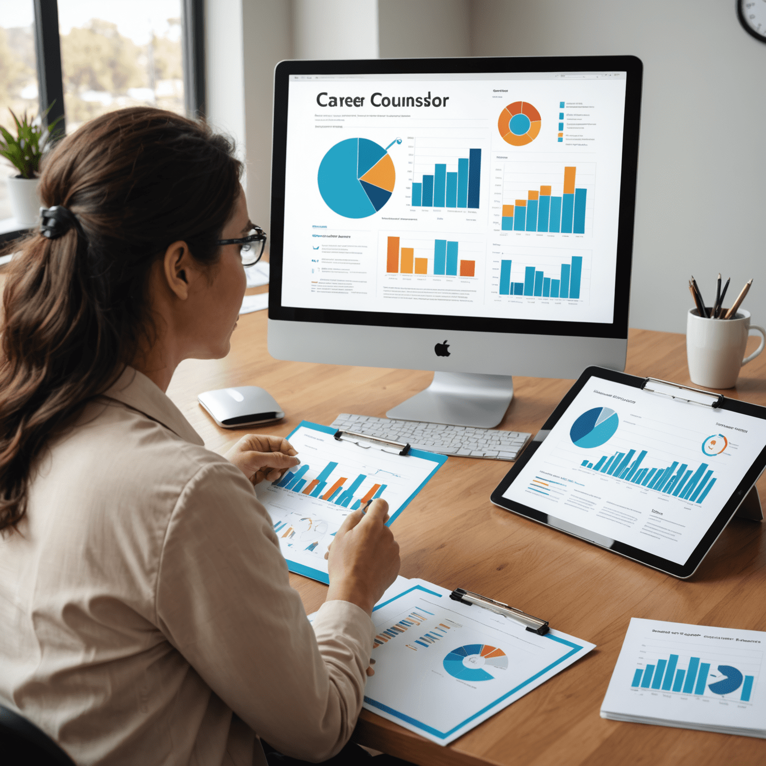 A career counselor sitting with a client, discussing career options with charts and graphs visible